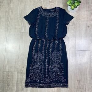 MARINA Women's Navy Blue Beaded Short Sleeve Blouson Mini Formal Dress
